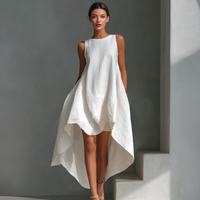 Women's White Linen Fabric Sleeveless Midi Dress With Round Neck & Asymmetric Hem MDZ0987B9T
