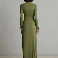 Women's Olive Silky Stretchy Dress With Deep V-Neck & Ruched Detail, Glamorous Maxi Dress MDA0509L8I