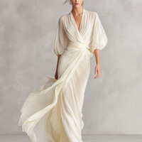 Women's Ivory Sheer Chiffon Dress With Puff Sleeves & Wrap Detail, Timeless Romantic-Luxe Style Dress MDZ0932A1I