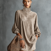 Women's Minimalist Loose-fitting Faux Suede High-neck Mini Dress MDA2423K1Y