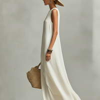 Women's Ivory Breathable Linen Dress With Sleeveless Detail & Asymmetric Hem, Contemporary Casual-Feminine Style Dress MDZ0408C2I