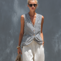 Women's Casual Striped Woven Sleeveless Vest Paired With White Cotton And Linen Trousers Set MDZ2815B5AN