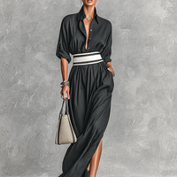Women's Imitation Cupro Fabric Lapel Single-breasted Long-sleeved Waist Maxi Dress MDA2258G6Y