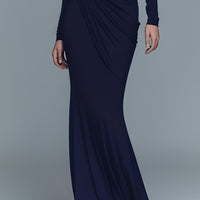Women's Navy Elegant Stretch Polyester-Cotton Blend Turtleneck Draped Maxi Dress MDA1742J1I