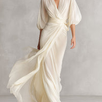 Women's Ivory Sheer Chiffon Dress With Puff Sleeves & Wrap Detail, Timeless Romantic-Luxe Style Dress MDZ0932A1I