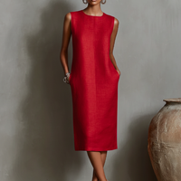 Women's Orange Linen Shift Dress With Sleeveless Round Neck & Side Pockets, Timeless Minimalist-Elegant Style Dress MDZ2851C7I