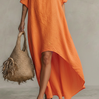 Women's Tangerine Linen Dress With Cold Shoulder & High-Low Hem, Timeless Boho-Resort Style Dress MDZ0337C4I