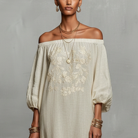 Women's Minimalist Off-the-shoulder Three-quarter Sleeve Embroidered Maxi Dress MDZ3063A3Y