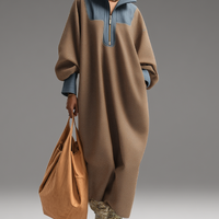 Women's Brown Double-Sided Brushing and Blue Denim Stand Collar Loose-Fitting Long Dress MDA0366K1T