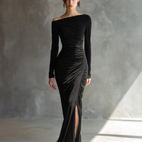 Women's Black Elegant Jersey Off - Shoulder Ruched Slit Maxi Dress MDA2125H9I