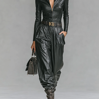Women's Fashion PU Leather Slim Fit Zipper Stand Collar Shirt Pants Set (Without Belt)MDA2743H0Y