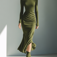 Women's Army Green Stretch Knit High Neck Pleated Slim Fit Maxi Dress MDA0556K1T