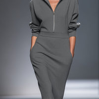 Women's Casual Cotton Polyester Half  Zip Midi Dress MDA0570H1I