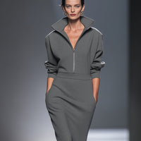 Women's Casual Cotton Polyester Half  Zip Midi Dress MDA0570H1I