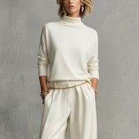 Women's Cream Soft Knit Chic Turtleneck Top & Flowy Wide-Leg Pant Set MDA0185K5I