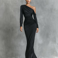 Women's Black Elegant Satin One - Shoulder Ruched Mermaid Maxi Dress MDA2278I0I
