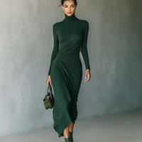 Women's Dark Green High-elastic Knitted High-neck Wrap Dress Midi Dress MDA2023J2T