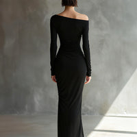 Women's Black Elegant Jersey Off - Shoulder Ruched Slit Maxi Dress MDA2125H9I