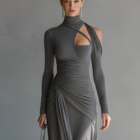 Women's Grey Silky Stretch Sophisticated Ruched Detail Cut-Out Maxi Dress MDA0546K6I