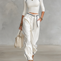 Women's Casual Half-high Collar Long-sleeved T-shirt Straight Pants Two-piece Set MDA2527G5Y