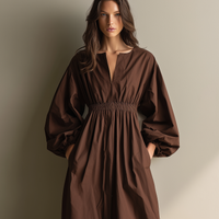 Women's Casual Brown Cotton And Linen V-neck Long-sleeved Maxi Dress With Elastic Waist MDZ1295A0AN