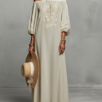 Women's Minimalist Off-the-shoulder Three-quarter Sleeve Embroidered Maxi Dress MDZ3063A3Y
