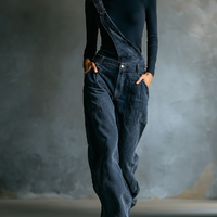 Women's Black Cotton One-shoulder Turtleneck Top And Blue-grey Denim Loose-fitting Overalls Set MDA2045K8T