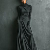 Women's Charcoal Elegant Stretch Polyester-Cotton Blend Turtleneck Draped Maxi Dress MDA1727J1I