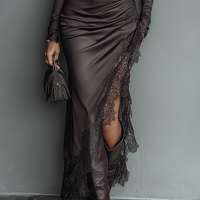 Women's Dark Brown Satin Irregular Hem Lace Slim Maxi Dress MDA0501H1T