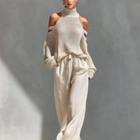 Women's Beige Knit Fabric Cold-Shoulder Turtleneck Top & Wide-Leg Pants Set MDZ0984A5T
