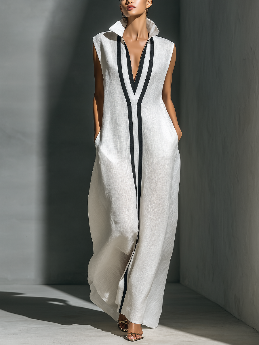 Women's White Linen Fabric Sleeveless Maxi Dress With Black Contrast Trim MDZ1973A8T