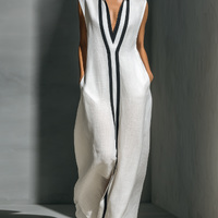 Women's White Linen Fabric Sleeveless Maxi Dress With Black Contrast Trim MDZ1973A8T
