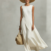 Women's Ivory Breathable Linen Dress With Sleeveless Detail & Asymmetric Hem, Contemporary Casual-Feminine Style Dress MDZ0408C2I