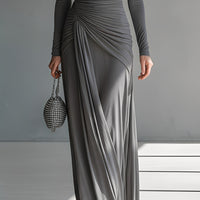 Women's Grey Silky Stretch Sophisticated Ruched Detail Cut-Out Maxi Dress MDA0546K6I