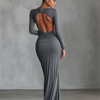 Women's Grey Elegant Stretch - Polyester-Cotton Blend Ruched Open - Back Maxi Dress MDA2860H8I