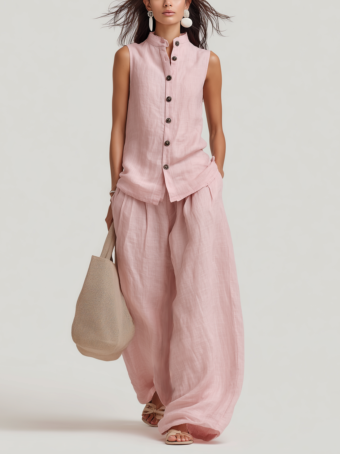 Women's Casual Light Pink Cotton-Linen Sleeveless Crew-Neck Top With Trousers MDZ1601D4LXY