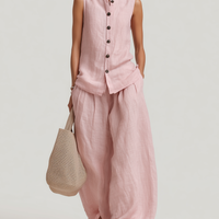 Women's Casual Light Pink Cotton-Linen Sleeveless Crew-Neck Top With Trousers MDZ1601D4LXY