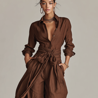 Women's Elegant Brown Woven Cotton-linen Long-sleeved Shirt Collar Jumpsuit With Belt MDA1965L9AN