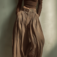 Women's Fashionable And Sexy Dark Brown Off-the-shoulder Long-sleeved Fitted Top Paired With Matching Wide-leg Trousers (belt Not Included) MDA1455K9AN