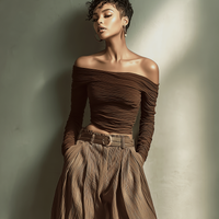 Women's Fashionable And Sexy Dark Brown Off-the-shoulder Long-sleeved Fitted Top Paired With Matching Wide-leg Trousers (belt Not Included) MDA1455K9AN