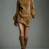 Women's Vintage Loose Suede Turtleneck Mini Dress MDA1693H3Y