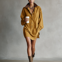 Women's Simple Loose Leather Lapel Spliced Suede Mini Dress MDA0233I3Y
