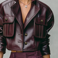 Women's Loose PU Leather Short Double Chest Pocket Jacket MDA1666I2Y