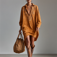Women's Suede Loose Lapel V-neck Embroidered Long-sleeved Midi Dress MDA1489H9Y