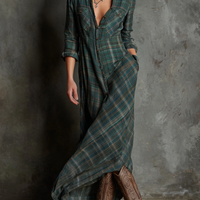 Women's Plaid Lapel Single-Breasted Shirt Maxi Dress MDA1249H1Y