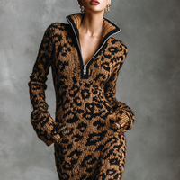 Women's Fashion Leopard Jacquard Knit Zipper Neck Midi Dress MDA2579H3Y