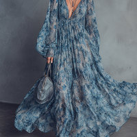 Women's Bohemian Style Blue Floral Print V-Neck Lantern Sleeve Chiffon Maxi Dress MDZ1067B8BA
