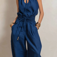 Women's Elegant Dark Blue Cotton-Linen Sleeveless Jumpsuit With Round Neck MDZ2068C2AN