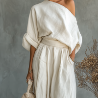 Women's Off-white Linen Off-shoulder Loose Casual Top And Tapered Pants Set MDA2770K8T
