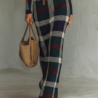 Women's Minimalist Check Knit Belted Square Neck Maxi Dress MDA2984J0Y